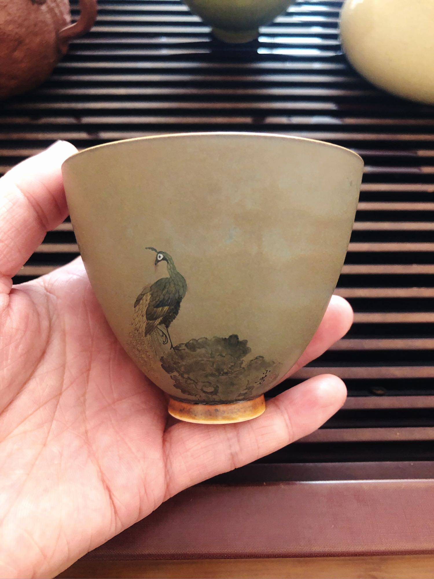 等于堂尉小芳手绘孔雀绿柴烧杯 陶瓷品茗杯 主人杯单杯 新款包邮
