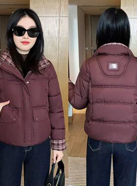 冬季加厚保暖格子拼接立领棉服女