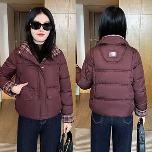 冬季加厚保暖格子拼接立领棉服女