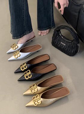 2025年夏季新款法式尖头金属bb扣包头半拖鞋女一脚蹬平底凉拖鞋