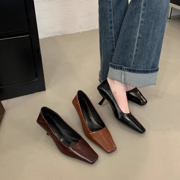 复古风单鞋方头细跟浅口高跟鞋