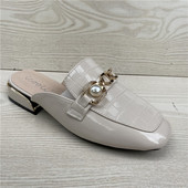 真皮女鞋 特价 牛漆皮方头低跟包头拖鞋 韩版 女半拖 断码 珍珠时尚 鞋