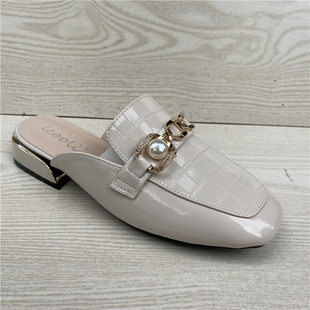 真皮女鞋 特价 牛漆皮方头低跟包头拖鞋 韩版 女半拖 断码 珍珠时尚 鞋