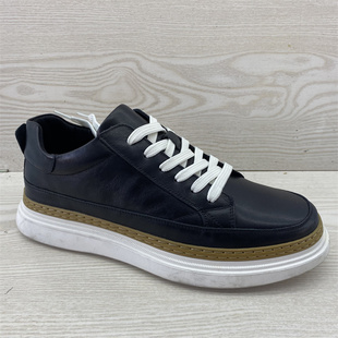 真皮休闲皮鞋2025新款黑色白底系带厚底百搭舒适板鞋牛皮男单鞋潮