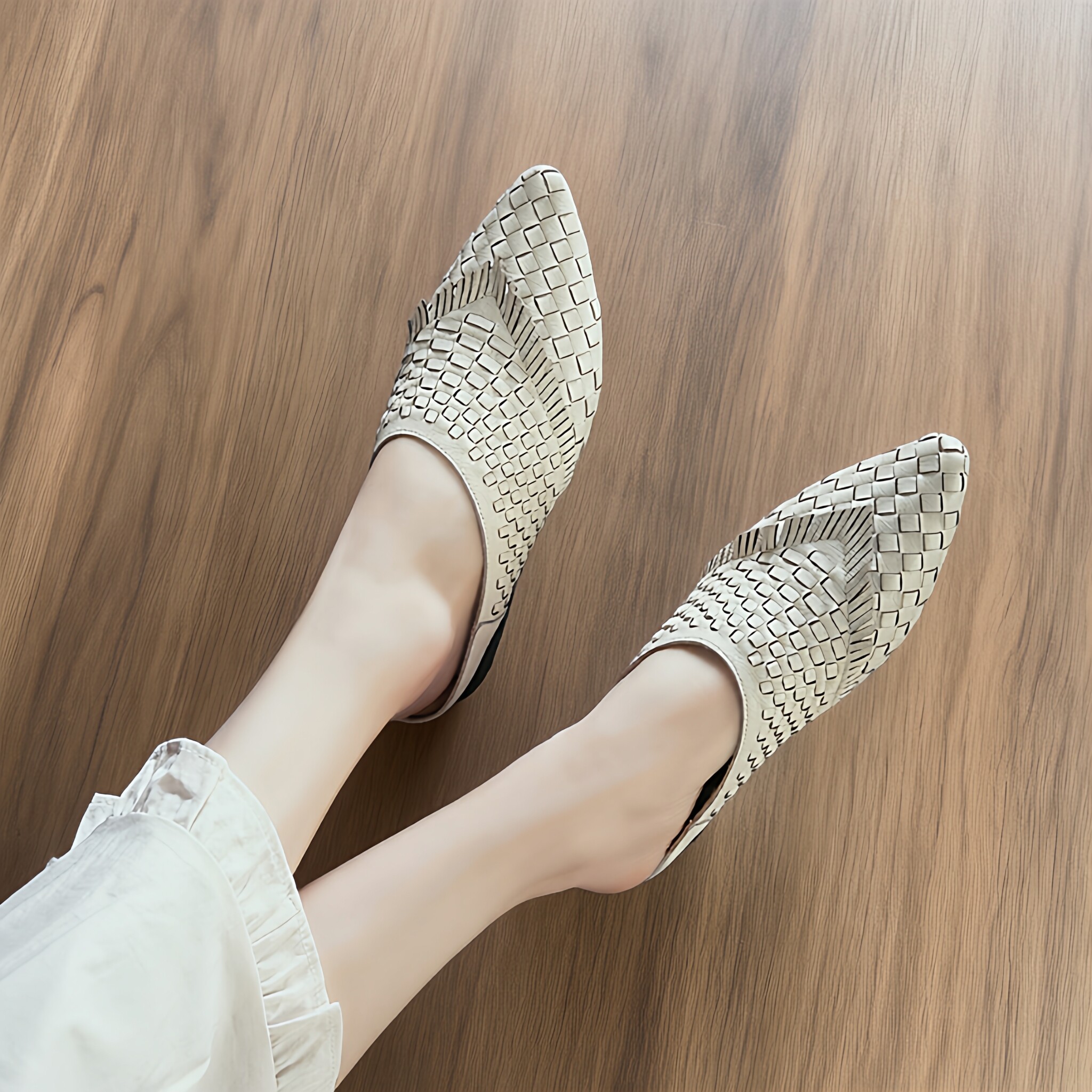夏季森女手工编织尖头包头穆勒鞋