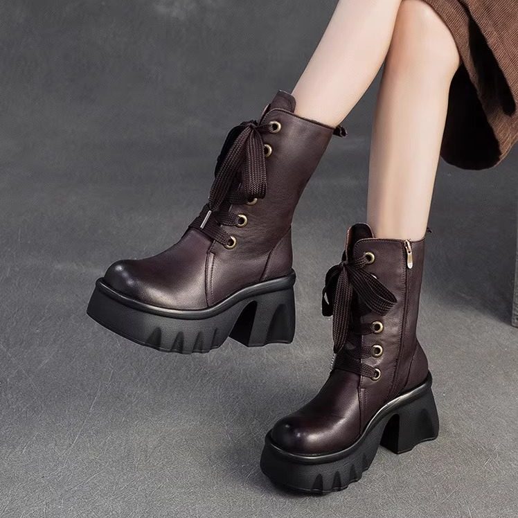 复古风厚底保暖加绒棉靴真皮高跟女靴2025冬季新款头层牛皮马丁靴