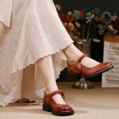 真皮浅口圆头休闲女鞋 复古一字带软底手工方跟单鞋 女2026春夏新款