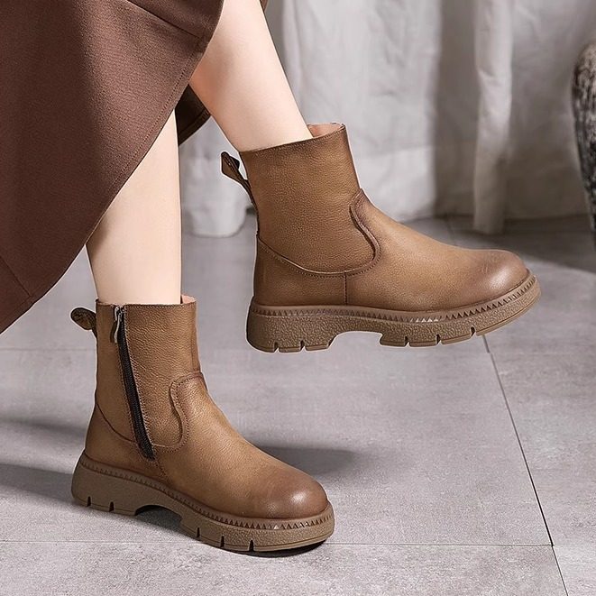 头层牛皮中跟百搭休闲马丁靴女靴秋冬加绒复古保暖皮靴真皮女短靴