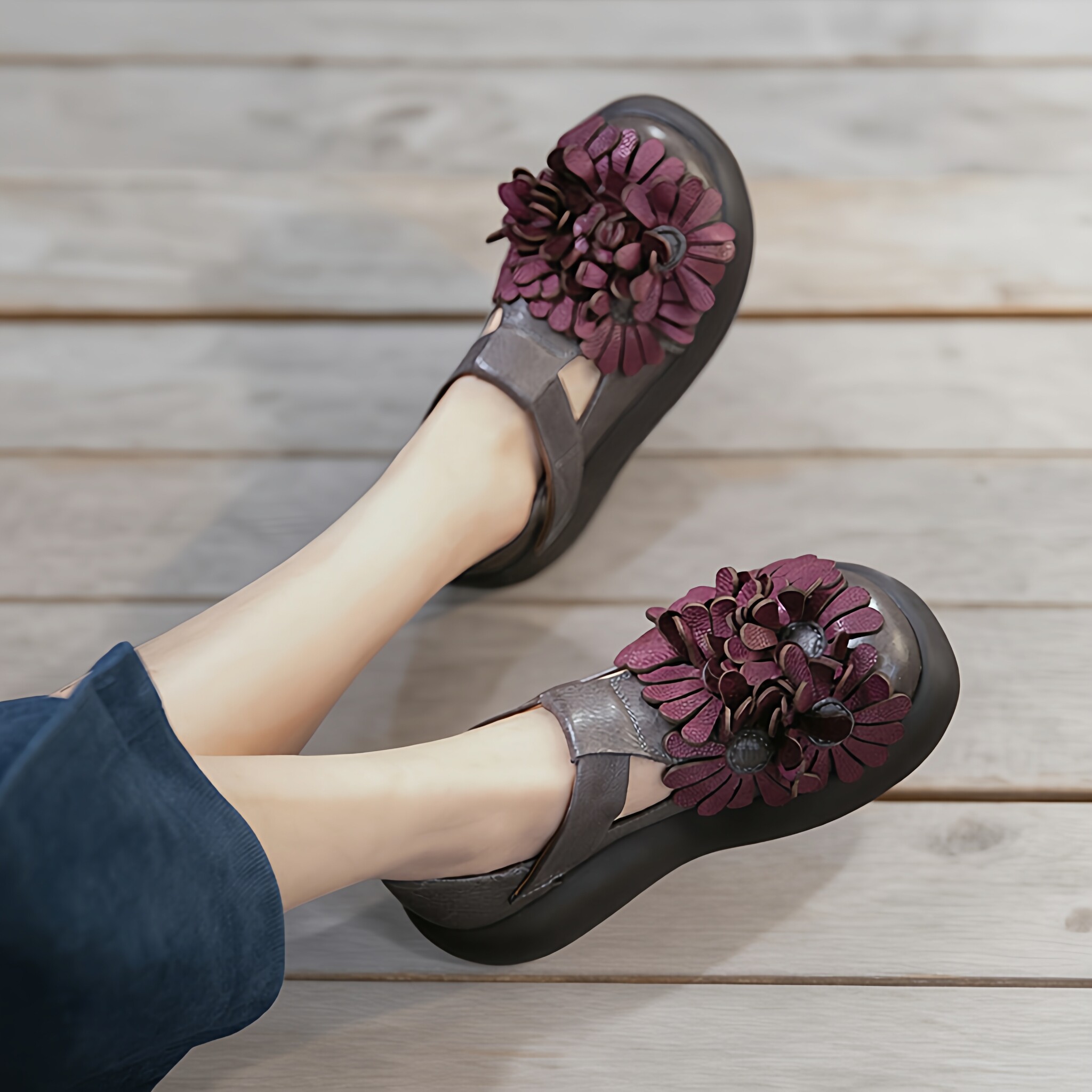 复古手工花朵民族风时尚魔术贴单鞋2026新款真皮厚底百搭文艺女鞋