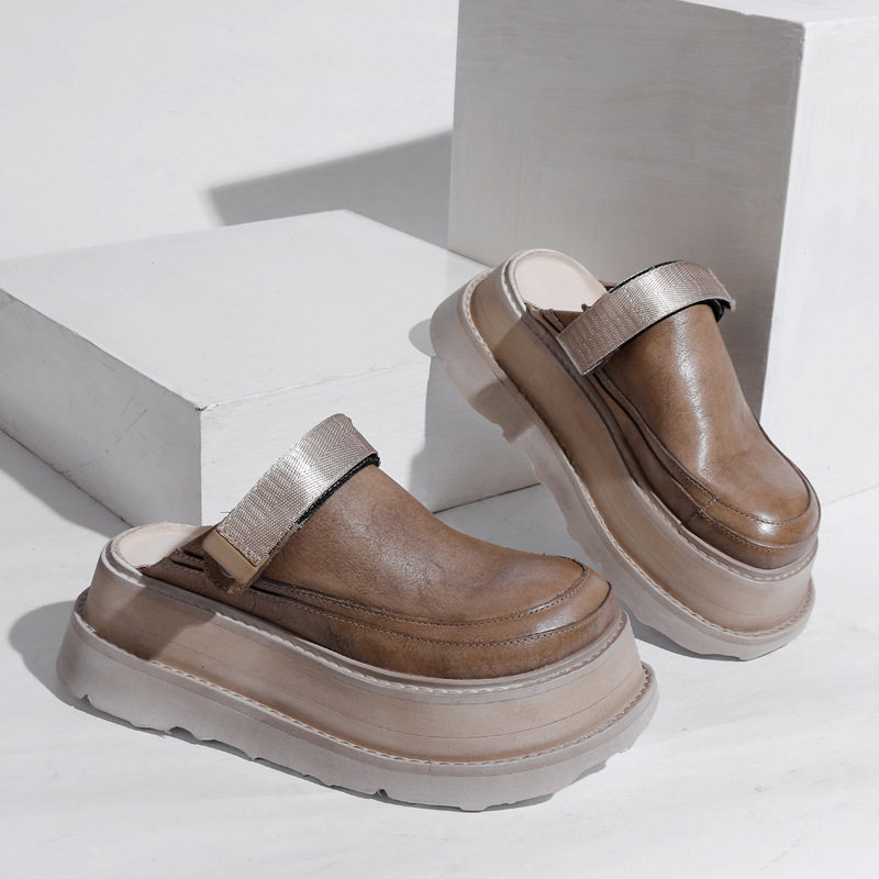 头层牛皮厚底包头勃肯半拖鞋女复古休闲两穿懒人女鞋真皮百搭凉鞋