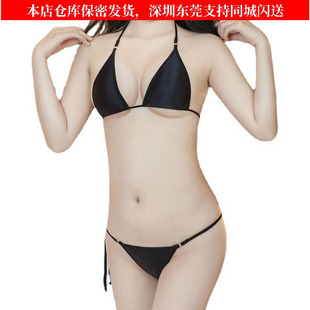 高弹性油亮三点式系带比基尼套装 性感日系少女内衣绑带文胸套装