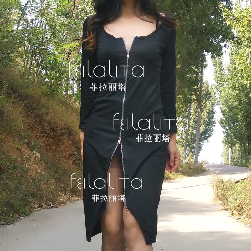低胸成熟风情万种荡反差短裙热辣开叉拉链伪娘性感紧身包臀连衣裙