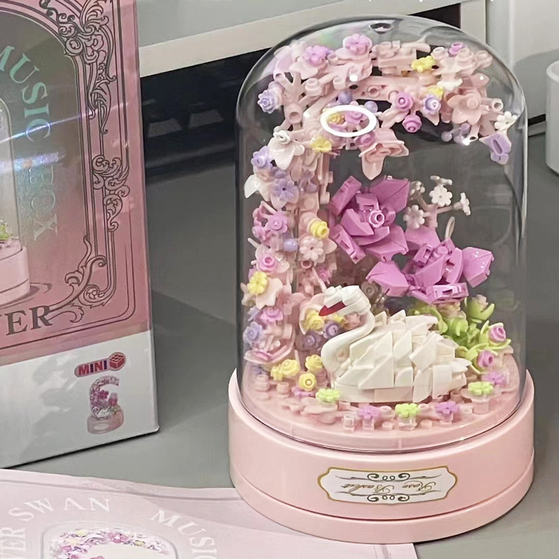 积木花八音盒永生玫瑰花束女孩生日礼物成人版小颗粒益智拼装玩具