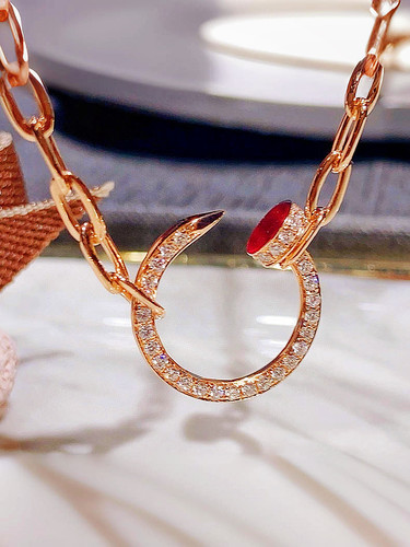 18K玫瑰金大牌对版满钻粗版钉子项链黄金白金Juste锁骨链天然钻石