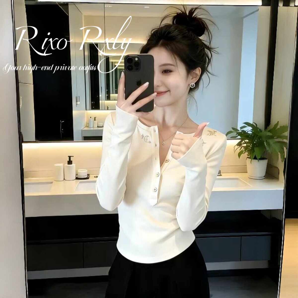 RIXO RXLY正肩长袖t恤女款春秋季V领修身收腰显瘦内搭打底衫上衣