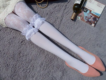 蕾丝开档女蝴蝶结黑色夏季渔网洛丽塔性情趣加长高个子丝袜中筒袜