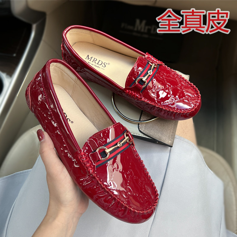 Summer new women's shoes: genuine leather flat single shoes, patent leather bean shoes, casual loafers, red wedding shoes, soft-soled ladle shoes thumbnail 4
