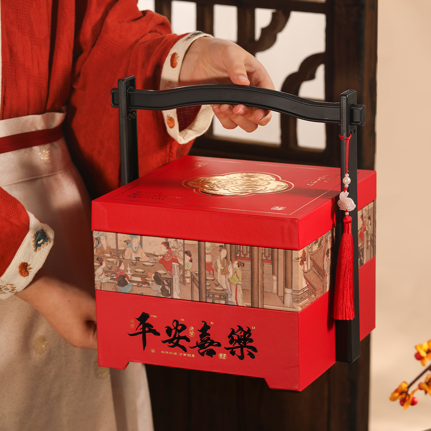 红色双层月饼硬盒喜庆大气