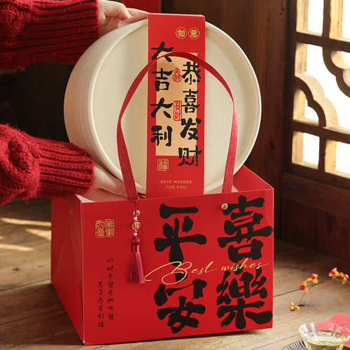 高档仿木纹抱抱桶新年礼盒包装