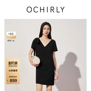 OCHIRLY欧时力 连衣裙裙子女A字正肩气质春夏 V领蝴蝶结短袖