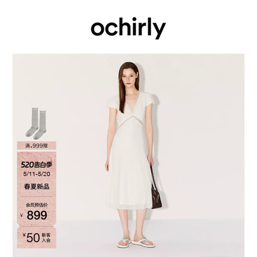 OCHIRLY欧时力蕾丝V领连衣裙