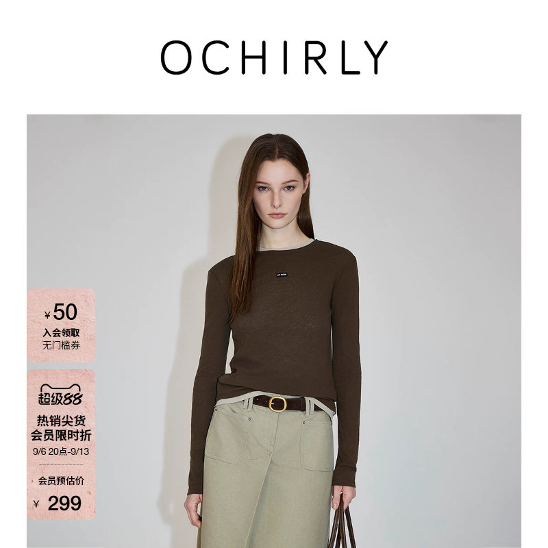 OCHIRLY欧时力纯棉绣章长袖T恤										