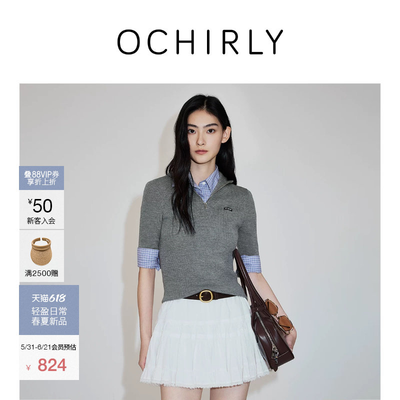 OCHIRLY欧时力拉链绣章短袖针织