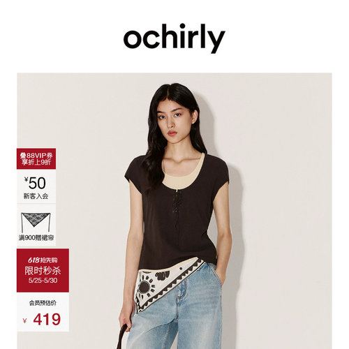 OCHIRLY欧时力绑绳拼接短袖t恤