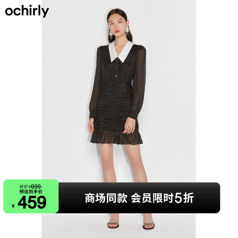 ochirly欧时力2022新款秋装切尔西领缩褶雪纺连衣裙女1WY2080520