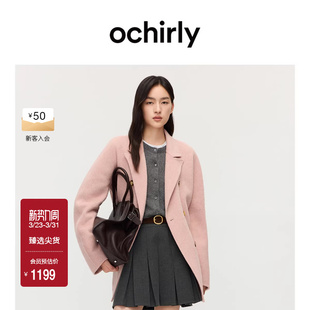 OCHIRLY欧时力 腰带秋冬 羊毛双面呢驳领排扣外套中长款