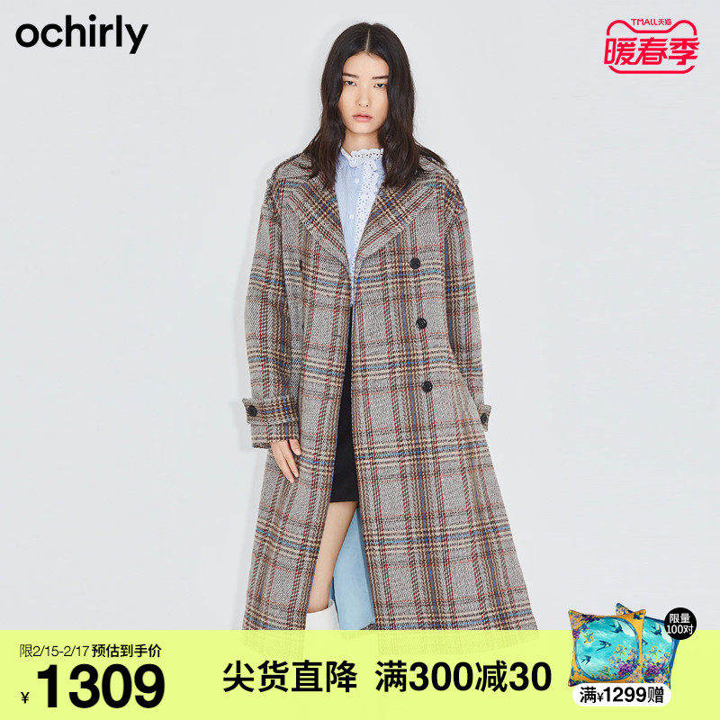 ochirly欧时力2021新款春装腰带羊毛格子呢大衣外套女