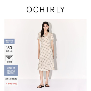 [新品]OCHIRLY欧时力 连衣裙2026夏缎面昼夜波点V领法式衬衫*