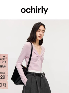 OCHIRLY欧时力  V领羊毛扭结针织毛衣上衣设计感修身春夏