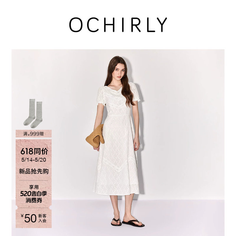 【新品】OCHIRLY欧时力 连衣裙2026夏季刺绣蕾丝花边V领