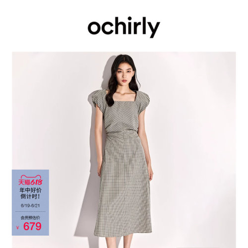 OCHIRLY欧时力方领格子连衣裙