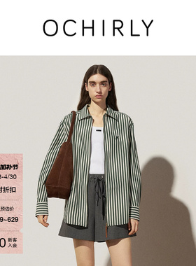 OCHIRLY欧时力 条纹衬衫女士中长长袖上衣外套衬衣防晒空调衫夏
