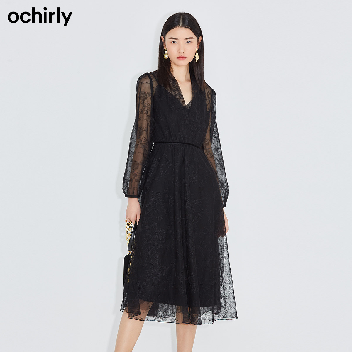 【提前加购】欧时力2021秋季新品网布绣花收腰连衣裙套装