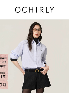 OCHIRLY欧时力 纯棉条纹衬衫字母刺绣休闲衬衣外套女士冬