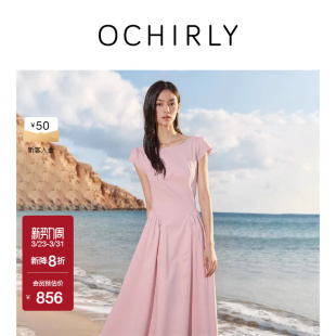 OCHIRLY欧时力 A字连衣裙裙子气质度假裙夏 一字领小飞袖