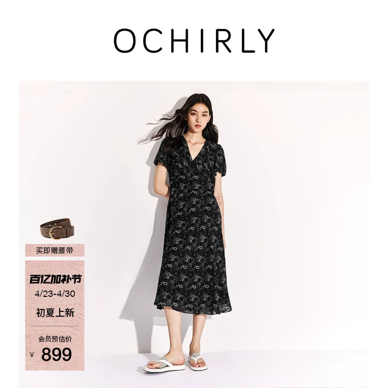 【新品】OCHIRLY欧时力 连衣裙2026夏雪纺印花V领泡泡袖