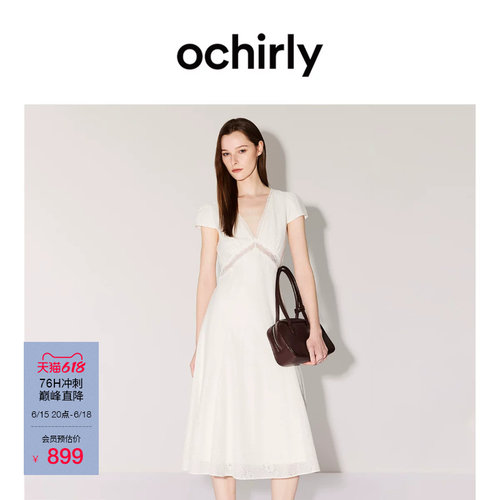 OCHIRLY欧时力蕾丝V领连衣裙