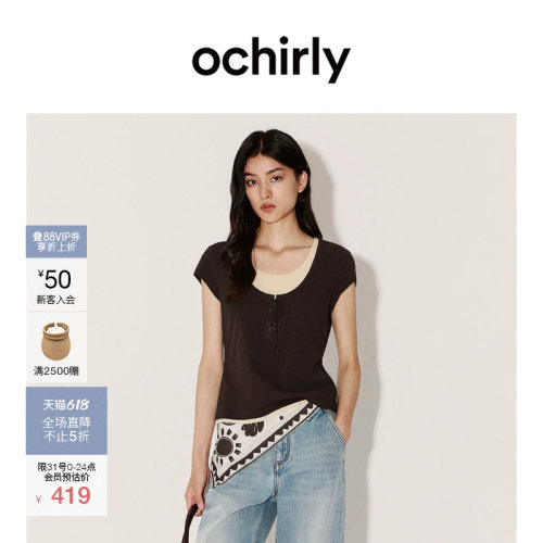 OCHIRLY欧时力绑绳拼接短袖t恤