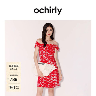 OCHIRLY欧时力 连衣裙2026春夏两穿一字领碎花短款 A字裙 新品