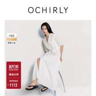 OCHIRLY欧时力 连衣裙长裙A字配腰带夏新 轻薄缩褶V领中袖