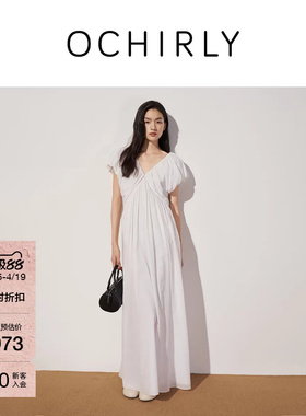OCHIRLY欧时力  立体缩褶V领连衣裙长裙收腰气质度假夏季
