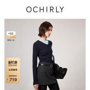 OCHIRLY欧时力 100%美丽诺羊毛V领毛衣女上衣针织打底冬