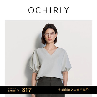 OCHIRLY欧时力 轻薄醋纤泡泡袖V领短袖衬衫女上衣2026春季