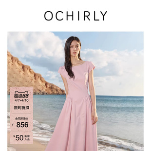 OCHIRLY欧时力 A字连衣裙裙子气质度假裙夏 一字领小飞袖