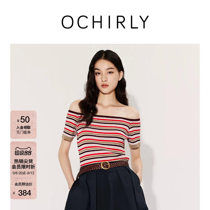 OCHIRLY欧时力一字条纹短袖针织图片