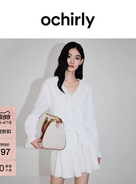 【新品】OCHIRLY欧时力 连衣裙2026春纯棉泡泡提花V领荷叶边白裙